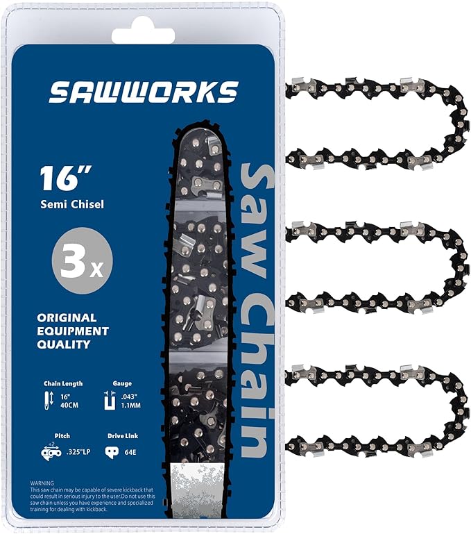 3-Pack 16 Inch Chainsaw Chain .325" LP Pitch .043" Gauge 64 Drive Links
