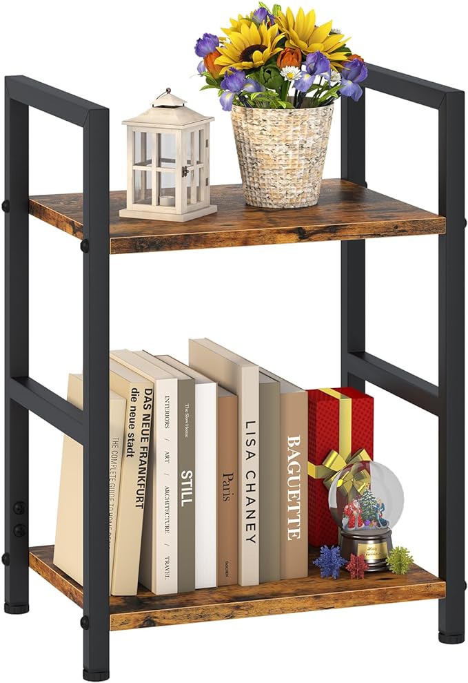 Small Bookshelf for Small Space, 2 Tier Industrial Bookcase,Narrow Book Case Storage Organizer Book Shelf for Living Room, Bedroom and Office, Easy Assembly(2 Tier,Rustic Brown)