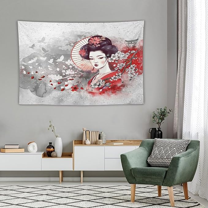 Japanese Geisha Tapestry Asian Red Cherry Blossom Traditional Kimono Folk Tapestries Home Decor for Living Room Bedroom Apartment Farmhouse Dorm 90"x60"