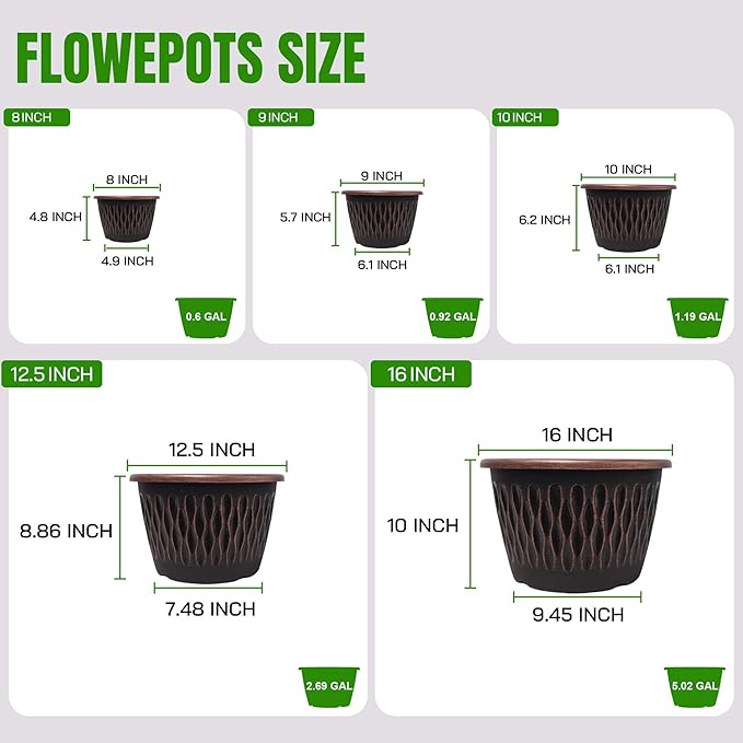 4 Pack 10 Inch Retro Plant Pots, Vintage Striped Flower Pots with Drainage Hole & Saucer, Large Plastic Planters for Indoor and Outdoor Plants, Decorative Garden Pots(Copper)