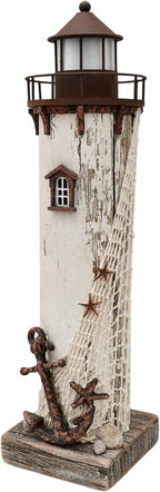 Linfevisi Wood Lighthouse Decor Rustic LED Light House Decor Wooden Decorative Nautical Lighthouse Statue Coastal Beach Themed Lighthouse Handcrafted Tabletop Decoration Home Bathroom (14.75")