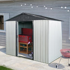 4x8 FT Outdoor Storage Shed, Metal Garden Shed with Frame Floor, Outside Tool Shed with Lockable Sliding Doors, Waterproof Storage Building with Sloped Roof for Backyard, Patio, Lawn, White+Black