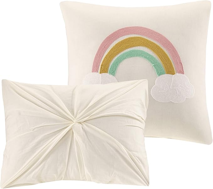 Callie Cotton Jacquard Weave Colorful Pom Pom Kids Comforter sets, Down Alternative Shabby Chic All Season Girls Bedding, Bedroom Decor, Full/Queen, Multi 5 Piece