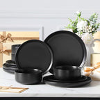 MALACASA 12 Pcs Porcelain Plates and Bowls Sets,Dinnerware Set for 4,Black | Modern Ceramic Dishware Set,Kitchen Dining Ware,Microwave and Dishwasher Safe,Simple Matt Black Design,Series LUNA