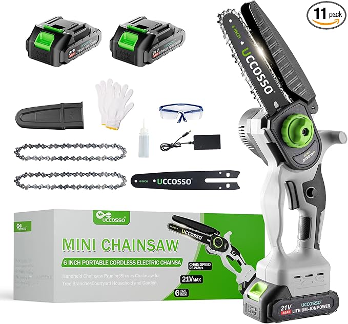 6Inch Mini Chainsaw Cordless - Electric Chainsaw with Strong Motor & 2×2.0Ah Battery, 2 Chains Included for Tree Trimming, Branches Cutting, Lightweight Handheld Chain saw for Garden/Yard Maintenance