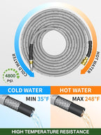 3/8" 4800PSI Pressure Washer Hose 200FT with Swivel Quick Connect for Cold/Hot Water Max 248°F, Kink Resistant Steel Wire Braided, Wear Resistant Power Washer Hose with M22 14mm Adapter