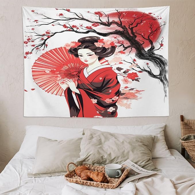 Japanese Red Geisha Tapestry Asian Cherry Blossom Traditional Kimono Folk Tapestries Home Decor for Living Room Bedroom Apartment Farmhouse Dorm 80"x60"