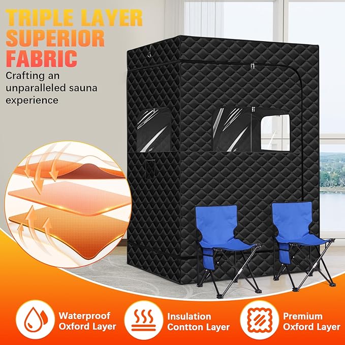 Upgraded 2 Person Portable Sauna, Portable Steam Sauna for Home, Personal Sauna Box Full Body with 1000W 2.6L Steam Generator, 99 Minute Timer, 2 Folding Chairs, Remote Control Included(Black)