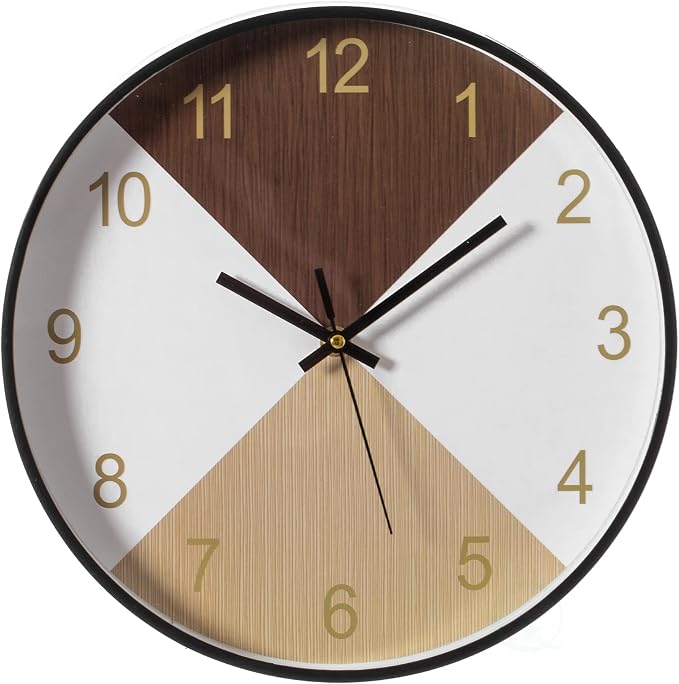 Decorative Modern Round Wood- Looking Plastic Wall Clock for Living Room, Kitchen, or Dining Room, Brown and Beige