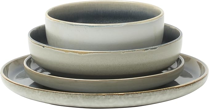 Gibson Elite Sunveil 16 Piece (Service for 4) Plates and Bowls Reactive Glaze Round Dishes Stoneware Ceramic Dinnerware Set -Blue