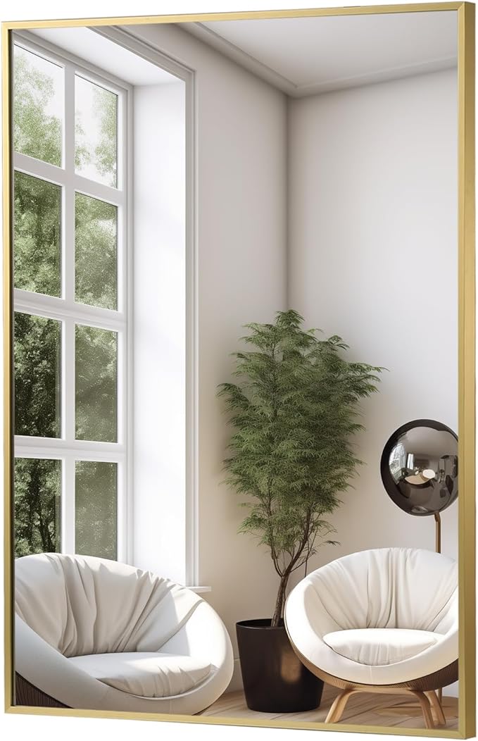 FARMER 24x32 Inch Gold Bathroom Mirror, Rectangle Wall Mounted Mirror, Vanity Mirror, Brushed Square Mirror, Framed Bathroom Mirror for Bedrooms, Entryways, Living Rooms, Horizontal/Vertical
