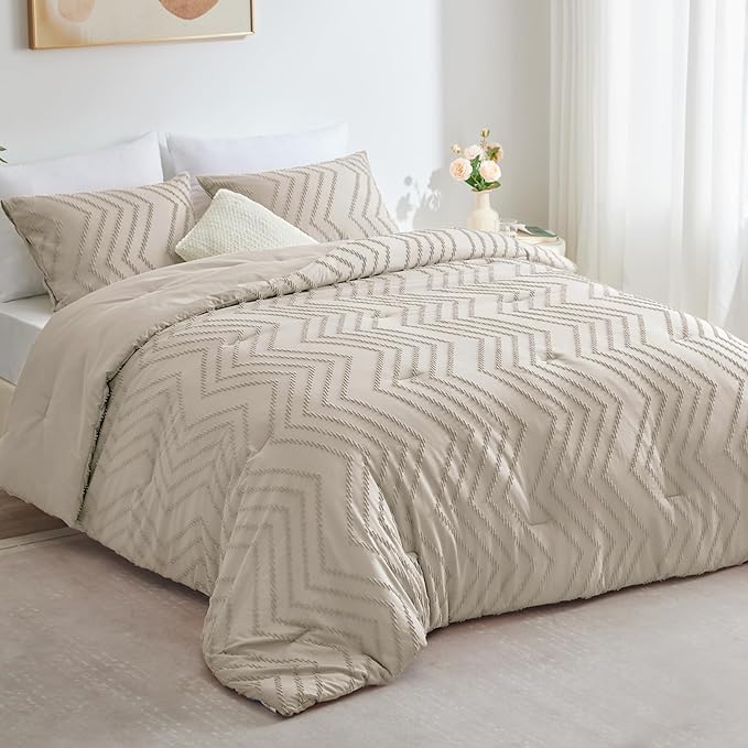 CozyLux King Size Comforter Set Beige - 3 Pieces Boho Tufted Shabby Chic Bedding Comforter Set for All Seasons, Chevron Bedding Sets with Comforter & 2 Pillow Shams