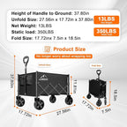 Collapsible Folding Wagon Cart, 350LBS Utility Large Capacity Cart Foldable Wagon with All Terrain Wheels, Grocery Wagons Carts for Garden Shopping Sports Camping, Black