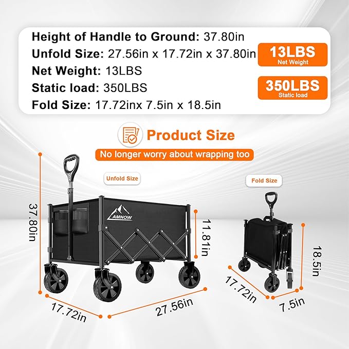 Collapsible Folding Wagon Cart, 350LBS Utility Large Capacity Cart Foldable Wagon with All Terrain Wheels, Grocery Wagons Carts for Garden Shopping Sports Camping, Black