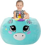 Aubliss Stuffed Animal Storage, Velvet Bean Bag Chairs Cover, Large 32" Ultra Soft Kids Toy Storage Organizer for Blankets Towels Clothes, Cyan Big Eyes