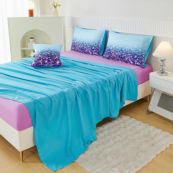 PERFEMET Blue Purple Girls Twin Comforter Set with Sheets, 6Pcs Glitter Tie Dye Rainbow Kids Girls Bedding Sets, Sparkle Gradient Ombre Bed in A Bag for Bedroom Decor