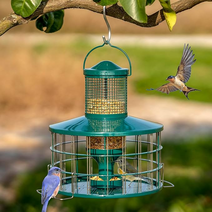 Upgraded Caged Bird Feeders Squirrel-Proof, Flexible Adjustment of Grille Size, 3 Lbs Seed Capacity, DIY Starling-Proof Caged Tube Hanging Wild Bird Feeder, Attract Small Birds(Deep Green)