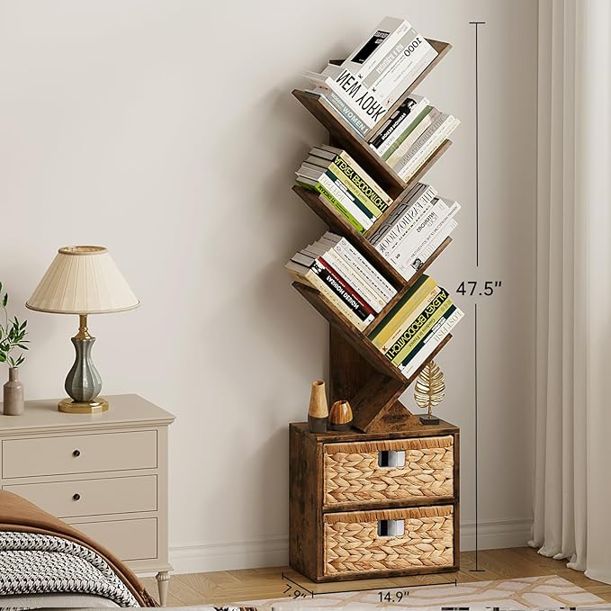 Vagusicc 6 Tier Tree Bookshelf, Modern Floor Standing Bookcase with Storage Drawer, Space Saving Storage Organizer Book Shelves for Books, Tall Wood Storage Rack for Bedroom/Living Room/Home Office
