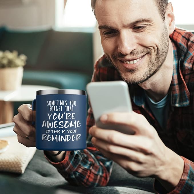 NOWWISH Inspirational Coffee Mug for Men, 14oz Vacuum Insulated Stainless Steel Cup, You Are Awesome Gift for Husband, Boyfriend, Dad - Navy Blue