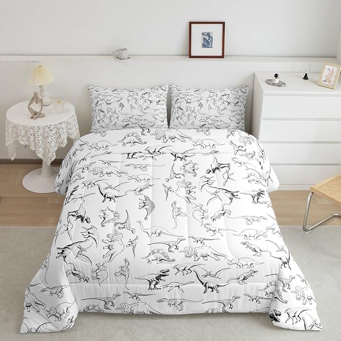 Feelyou Dinosaur Bedding Set Full Size 3D Digital Print Comforter Set for Kids Boys Girls Decor Jungle Dino Comforter Wild Animal Black and White Duvet Set Bedroom Quilt Set