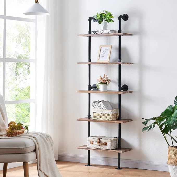 HOMBAZAAR Industrial Bookshelf, 5-Tier Industrial Pipe Bookshelf, Wall Mounted Ladder Shelves with Metal Frame for Home Office, Living Room, Oak Brown
