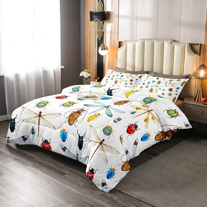 Erosebridal Kids Dragonfly Down Comforter Dragonfly Gifts for Women, Ladybug Insect Comforter Set Full Size for Children Boys Girls Teens, Reptile Pattern Bedding Comforters Colorful Duvet Insert