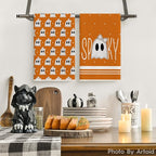 Artoid Mode Orange Ghost Halloween Kitchen Towels Set of 2 18x26 Inch | Spooky Bow Knot Hand & Dish Towels,Ultra Absorbent,Seasonal Farmhouse Decoration