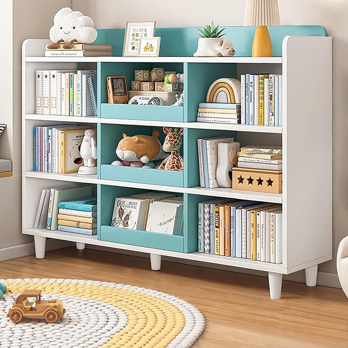 Wooden Cube Bookcase with Legs - 3-Tier Open Shelf Kidsroom Sorted Storage Cabinet Organizer for Books and Toys, 9-Cube Lattice Cute Cubby Bookshelf in White Mixed Westlake Blue, 39" W