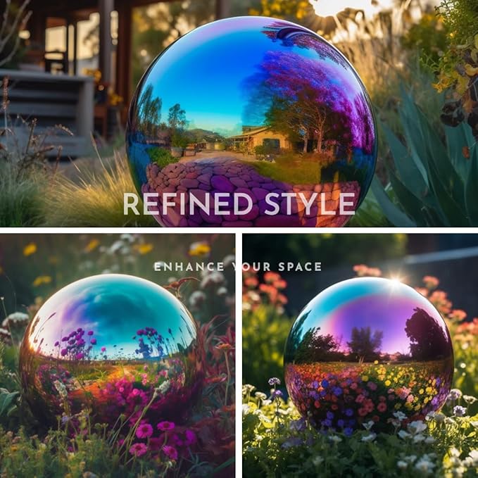 12 Inch Stainless Steel Gazing Globe,v2croft Hollow Ball Mirrored Surface Polished Shiny Sphere,Garden Stainless Steel Gazing Ball for Outdoor Lawn Pond Yard Ornament(rainbow)