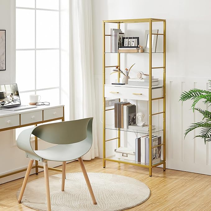 HOOBRO 5 Tier Bookcase, White and Gold Bookshelf with Drawer, Storage Shelves with Charging Station, Tempered Glass Bookshelf with Metal Frame, Open Display Shelves for Living Room, Gold DW65USJ01