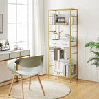 HOOBRO 5 Tier Bookcase, White and Gold Bookshelf with Drawer, Storage Shelves with Charging Station, Tempered Glass Bookshelf with Metal Frame, Open Display Shelves for Living Room, Gold DW65USJ01