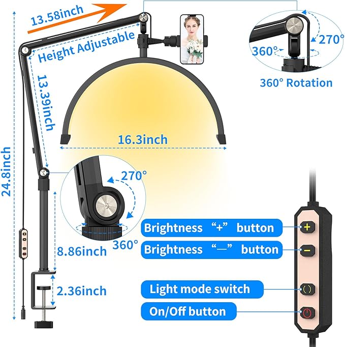 TwoWin Half Moon Light for Lashes, Height Adjustable Lash Light for Eyelash Tech Half Moon, Eyelash Lamp Led for Eyelash Extension, Tattoo Artists, Nail Tech, Filming Content Creation