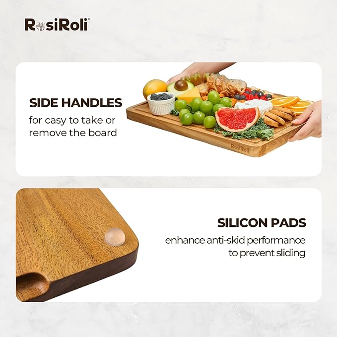 Acacia Wood Cutting Board for Kitchen - 0.8 inch Thick Wood Charcuterie Cheese Board with Side Handles and Juice Grooves, Wooden Chopping Block for Meat and Veggies, 13x10 inch