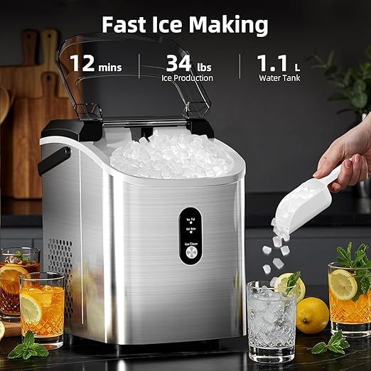 Antarctic Star Nugget Ice Maker Countertop with Soft Chewable Ice, Portable Sonic Ice Maker with Basket and Scoop, Removable Top Cover, Auto-Cleaning for Home/Party/RV/Camping (Stainless Steel Silver)