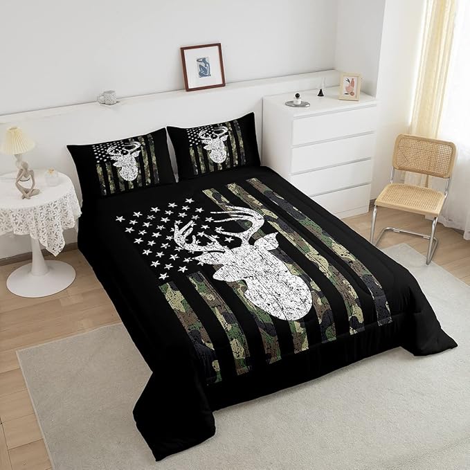 American Flag Comforter Set,Deer Hunting Down Comforter King,Army Green Military Camo Bedding Set For Boys Teens Kids Man,Western Farmhouse Stars Stripes Bedding Quilt Set Bedroom Decor 3 Pcs