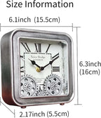 Desk Clock Vintage Metal Table Clocks with Moving Gears, Silent Retro Industrial Steampunk Quartz Small 6 inch End Table Clock for Home Office Living Room Decor Battery Operated