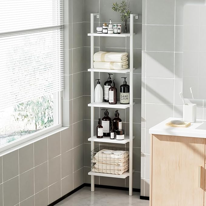 NUMENN Industrial Ladder Shelf, 5 Tier Book Shelf, Open Space Wall Mount Bookshelf with Metal Frame, Sturdy Book Shelves, Bookcase for Living Room, Home Office, White