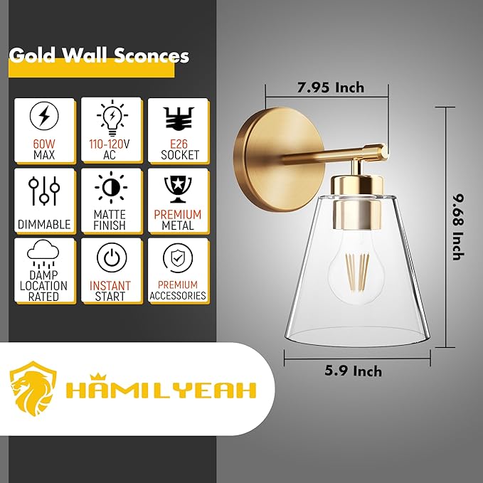 Hamilyeah Gold Wall Sconces Set of 2, Bathroom Sconce Lighting Fixtures, Modern Industrial Sconces Wall Lighting Indoor, Brass Wall Lamps for Bedroom Living Room Kitchen Over Sink Hallway