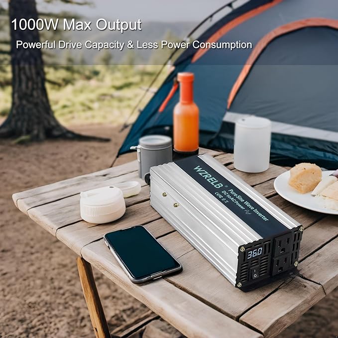 WZRELB 1000W Pure Sine Wave Inverter 24V DC to 110V 120V AC,Car Power Inverter with Dual AC Outlets, LED Display,Off-Grid Portable Power Converter for Home, RV, Truck, Camping