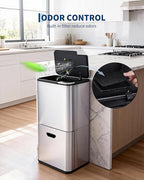 GarveeHome 16 Gallon Dual Trash Can for Kitchen, 2 Compartment Stainless Steel Garbage Can, 33L+28L Kitchen Recycling Bin with Compost Caddy, Removable Inner Bucket & Odor Control, Silver