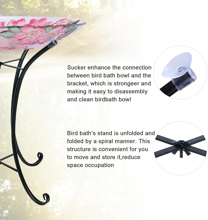 MUMTOP Outdoor Glass Birdbath with Metal Stand for Outside Lawn Yard Garden Cardinal Decor,18” Dia/21.65 Height