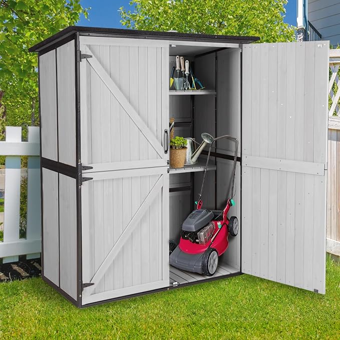 Outdoor Storage Cabinet with Adjustable Shelves, Large Metal Frame Garden Shed for Bike & Tool Storage, Lockable Waterproof Vertical Cabinet Box for Backyard, Patio, Lawn, Deck
