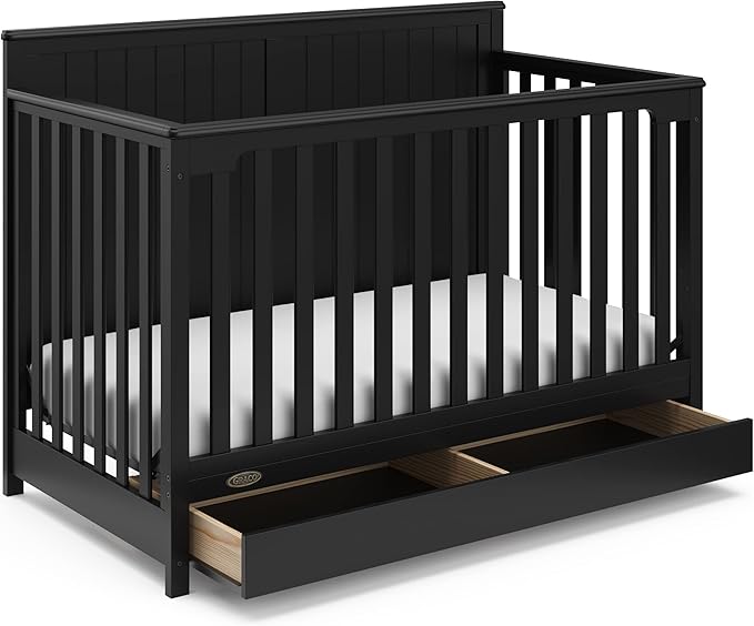 Graco Hadley 5-in-1 Convertible Crib with Drawer (Black) – Combo, Includes Full-Size Nursery Storage, Converts from Baby Crib to Toddler Bed, Daybed