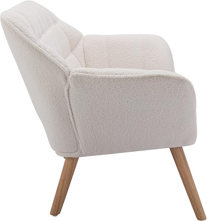 48" Small Loveseat Sofa, Modern Sherpa Mini Sofa Couch 2-Seater Fluffy Love Seat with Quilting Backs and Wood Legs for Living Room, Bedroom and Small Space, White