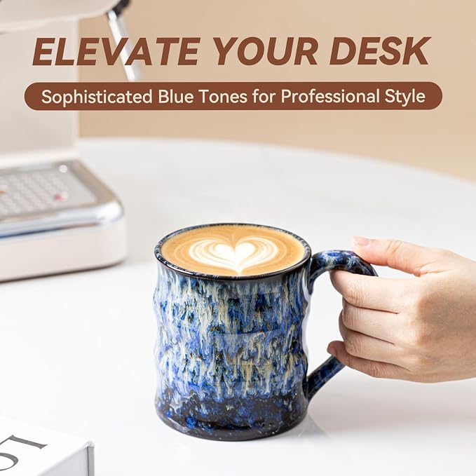 Unique Reactive Glaze Ceramic Coffee Mug - 15 oz Large Coffee Cup with Ergonomic Handle, Deep Sea Blue Ceramic Mug for Office & Home, Great Birthday Gift for Women, Men & Friends