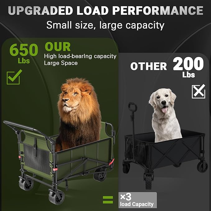 LEVELEVE Heavy Duty Folding Wagon - 2-in-1 Collapsible Cart, 650lb Capacity, All-Terrain Wheels w/Brakes & Side Pockets (Army Green)