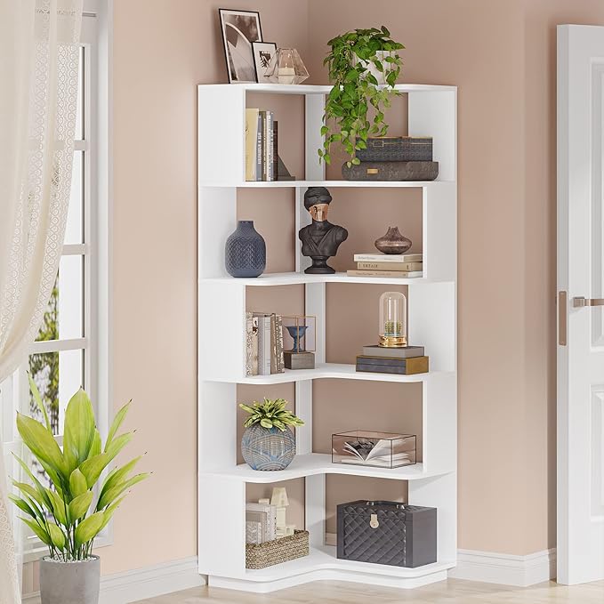 Corner Bookshelf, 64.9 Inch Tall Bookcase with Anti-Drop Panel, Modern Freestanding Corner Shelf Display Rack Storage Organizer for Home Office, Living Room, White