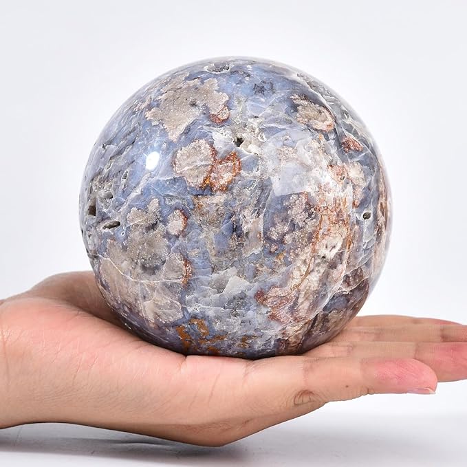 JIC Gem Large Blue Cherry Blossom Agate Crystal Ball with Stand Crystal Sphere Natural Sakura Flower Agate Stone Reiki Healing Meditation Witchcraft Home Decor 3.5-4 inch(90-100mm)