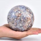 JIC Gem Large Blue Cherry Blossom Agate Crystal Ball with Stand Crystal Sphere Natural Sakura Flower Agate Stone Reiki Healing Meditation Witchcraft Home Decor 3.5-4 inch(90-100mm)
