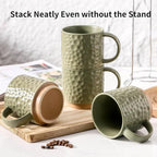 Nihow 16 Oz Ceramic Coffee Mug Set of 4 with Stackable Stand,Matte Green | Stackable, Stainless Stand Included, Cappuccino & Tea, Hot/Cold Drinks, Dishwasher & Microwave Safe